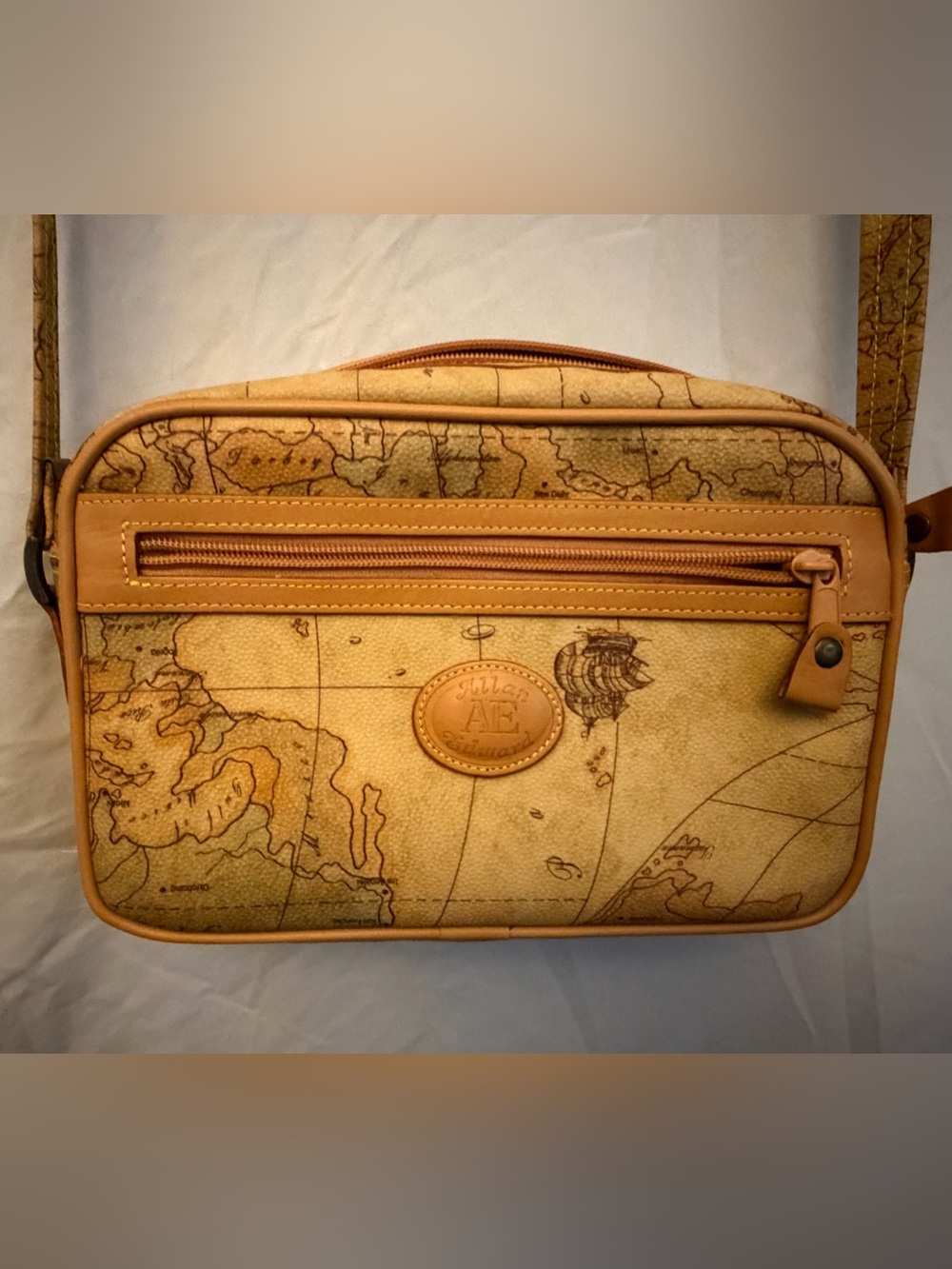 Allan Edward Women’s  Map-Print Leather Trimmed Crossbody Bag - Camel